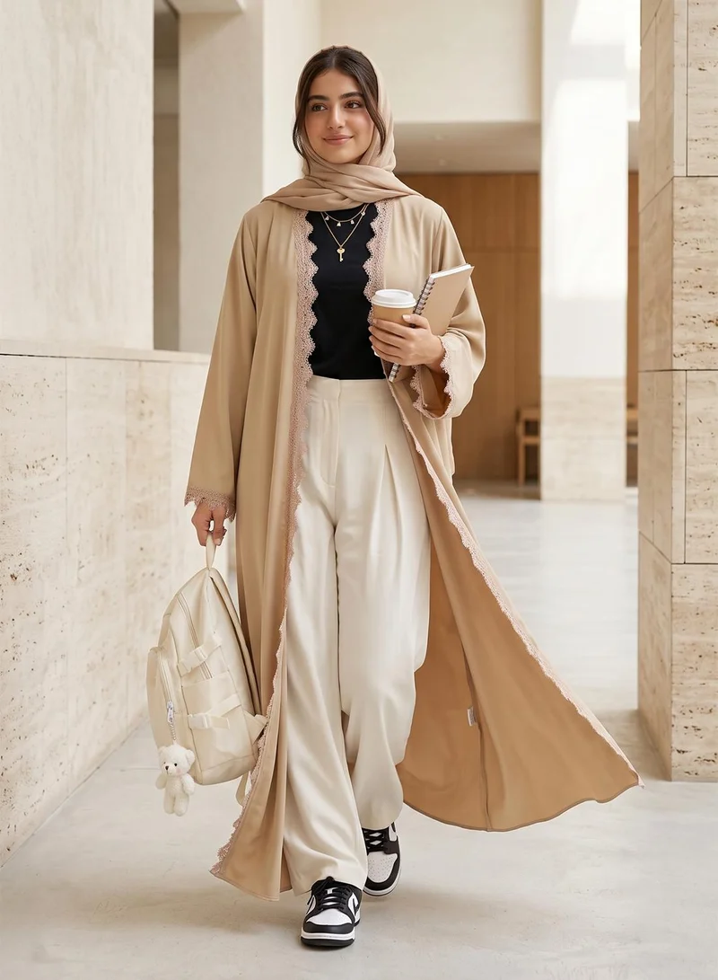 hayas closet Floral Lace Detailed Open Front V Neck Abaya