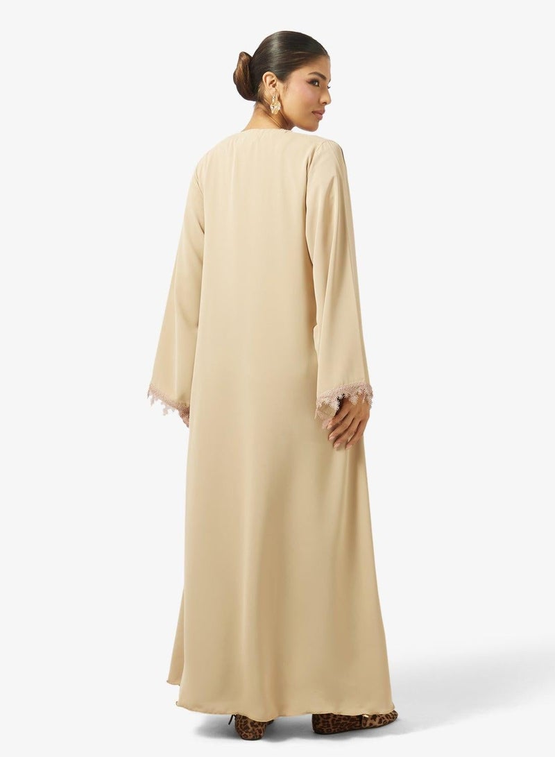 hayas closet Floral Lace Detailed Open Front V Neck Abaya - Image 4