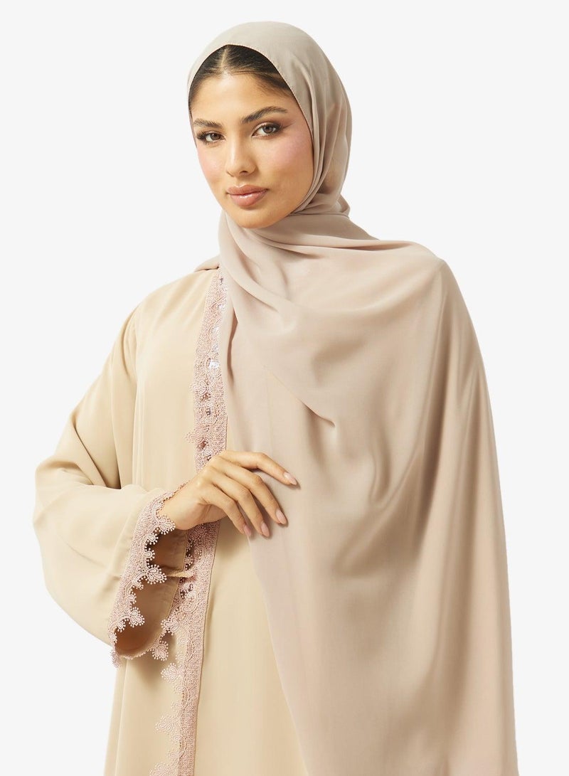 hayas closet Floral Lace Detailed Open Front V Neck Abaya - Image 5