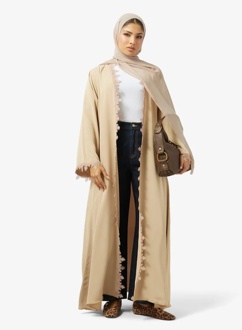 hayas closet Floral Lace Detailed Open Front V Neck Abaya