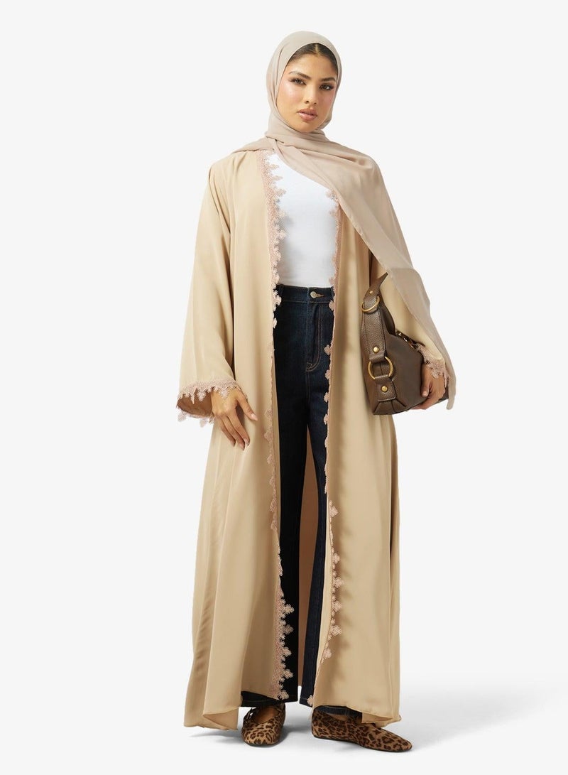 hayas closet Floral Lace Detailed Open Front V Neck Abaya - Image 2