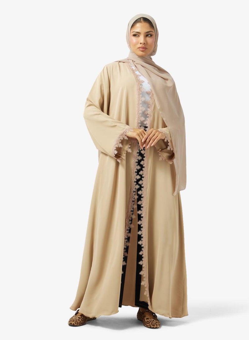 hayas closet Floral Lace Detailed Open Front V Neck Abaya - Image 3