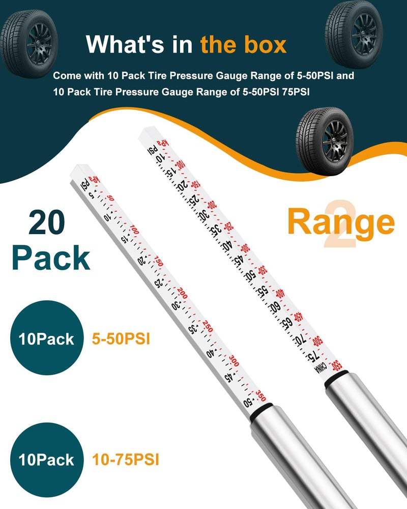 مجموعة مكونة من 20 مقياس ضغط الإطارات القلمي – 10 قطع 5-50 PSI للسيارات و10 قطع 10-75 PSI لسيارات الدفع الرباعي/الشاحنات، مقياس إطارات بجسم من الفولاذ المقاوم للصدأ وفوهة معدنية، بدون بطارية، مع وظيفة تفريغ الهواء - Image 3