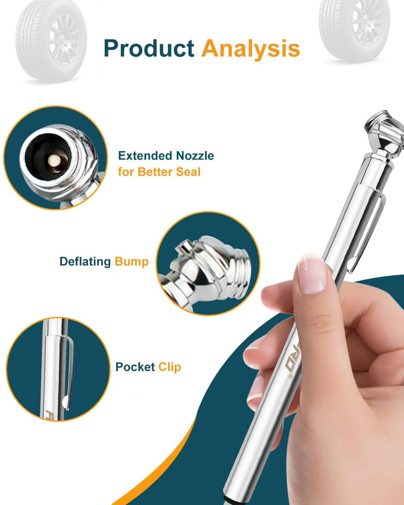 مجموعة مكونة من 20 مقياس ضغط الإطارات القلمي – 10 قطع 5-50 PSI للسيارات و10 قطع 10-75 PSI لسيارات الدفع الرباعي/الشاحنات، مقياس إطارات بجسم من الفولاذ المقاوم للصدأ وفوهة معدنية، بدون بطارية، مع وظيفة تفريغ الهواء - Image 2