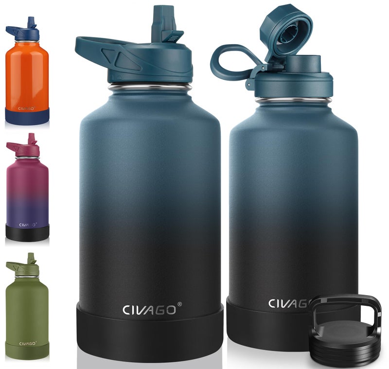 CIVAGO 64 oz Insulated Water Bottle With Straw, Half Gallon Stainless Steel Sports Water Flask Jug with 3 Lids (Straw, Spout and Handle Lid), Large Metal Thermal Cup Mug, Indigo Black - Image 1