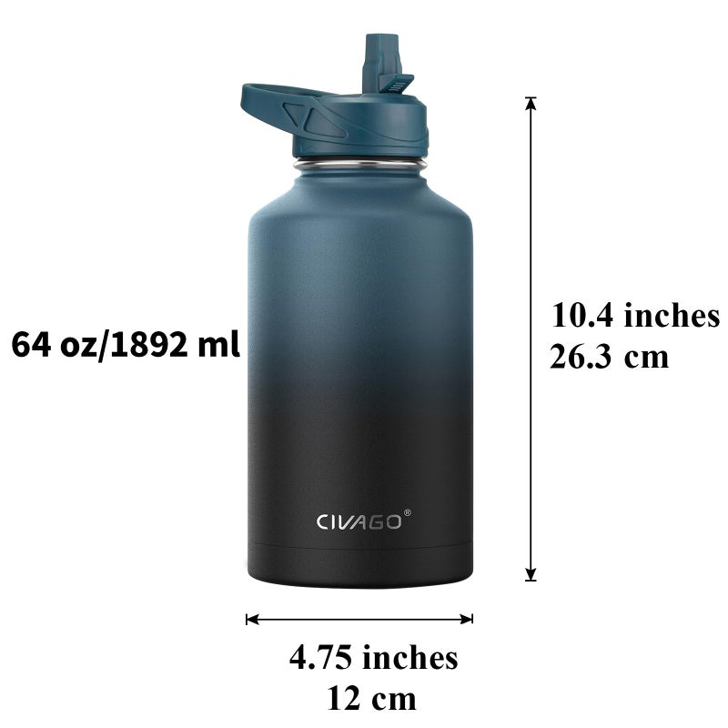 CIVAGO 64 oz Insulated Water Bottle With Straw, Half Gallon Stainless Steel Sports Water Flask Jug with 3 Lids (Straw, Spout and Handle Lid), Large Metal Thermal Cup Mug, Indigo Black - Image 4