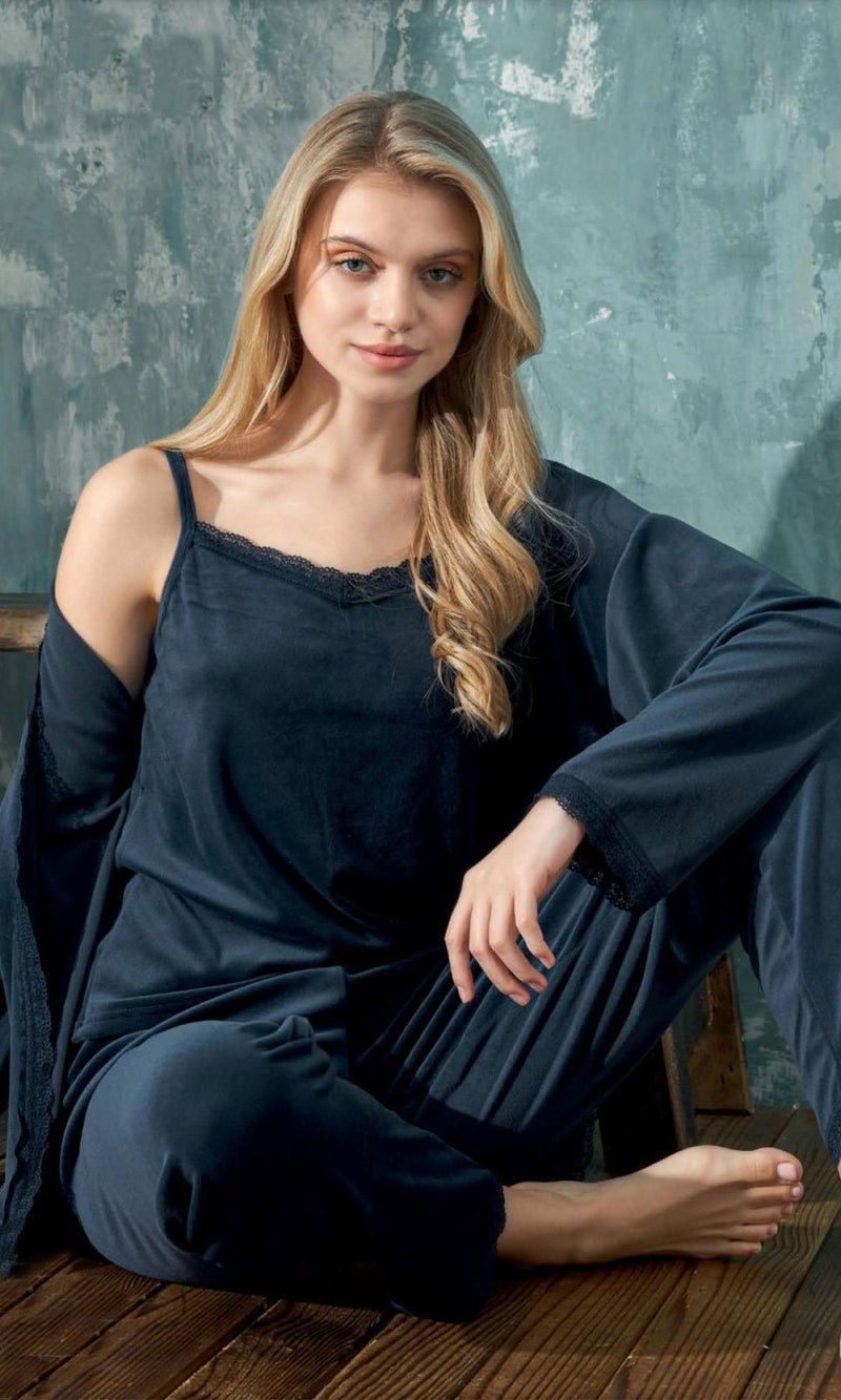 Cotonhause Women's 3 Piece Velvet Navy Blue Pajama Set C1T3N402-1 