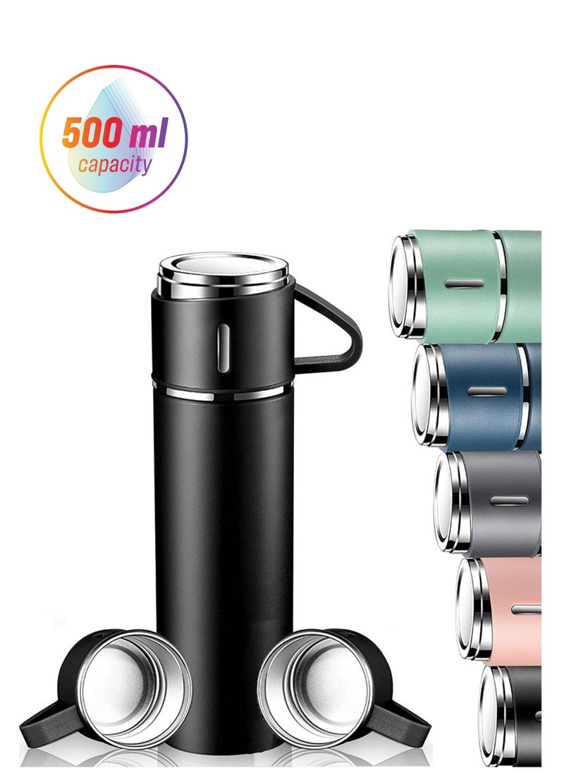 JAJEEK 500ml Stainless Steel Vacuum Thermos Flask with Silicone Handle – Insulated Water Bottle with 2 Stainless Steel Cups Set for Hot & Cold Outdoor Travel | Gift Box (2 PACK, BLACK) – Ideal for Hiking, Camping, and Travel  - Image 1