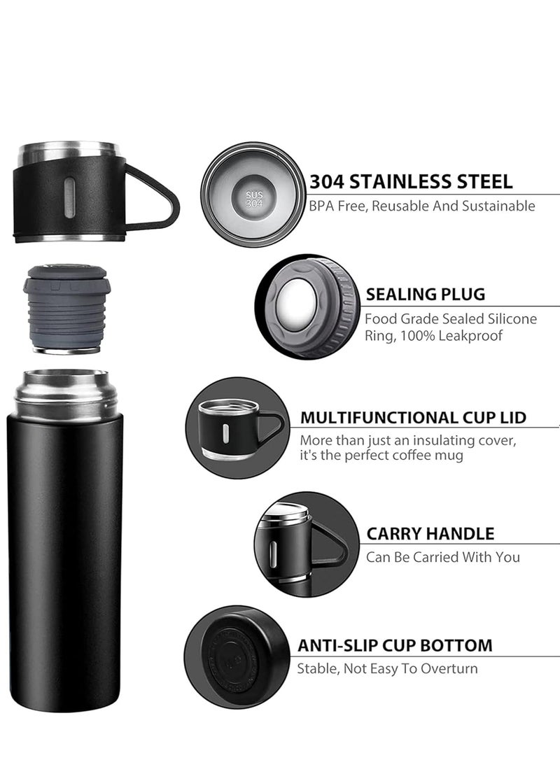 JAJEEK 500ml Stainless Steel Vacuum Thermos Flask with Silicone Handle – Insulated Water Bottle with 2 Stainless Steel Cups Set for Hot & Cold Outdoor Travel | Gift Box (2 PACK, BLACK) – Ideal for Hiking, Camping, and Travel  - Image 2