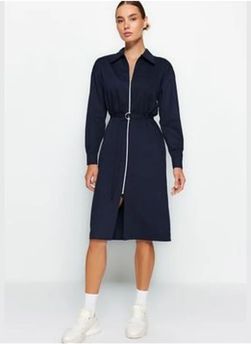 trendyol Navy Blue Belted Straight Cut Midi Zipper Detail Woven Dress TWOAW24EL00241