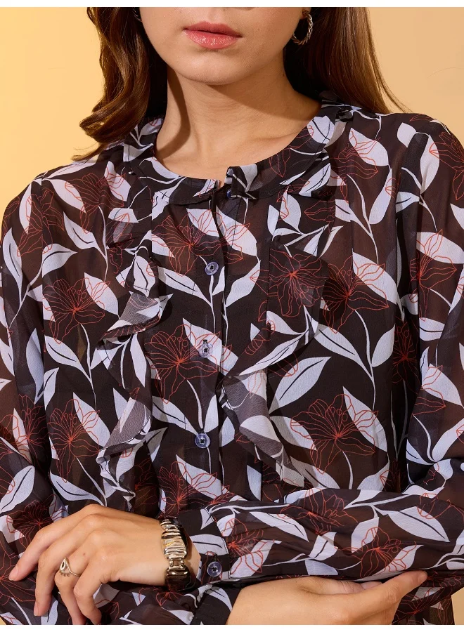 globus Women Black Mandarin Collar Long Sleeves Floral Print Ruffles Detail Georgette Shirt Style Top