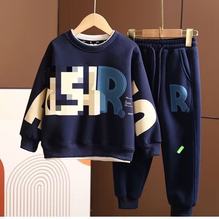 Boys Fake Two-Piece Sweatshirt suit 2024 Spring New Childrens Wear Thin Letter Printing Internet Celebrous Trend suit Navy Blue (two-piece) 