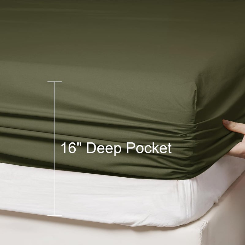 PHF شريحة سرير مريحة من القطن المغسول 100% بحجم كوين (150 سم × 200 سم)، شريحة قاع ناعمة من كوزي كلاود، جيب عميق 40 سم، سهلة التركيب وقابلة للتنفس، زيتون أخضر - Image 4