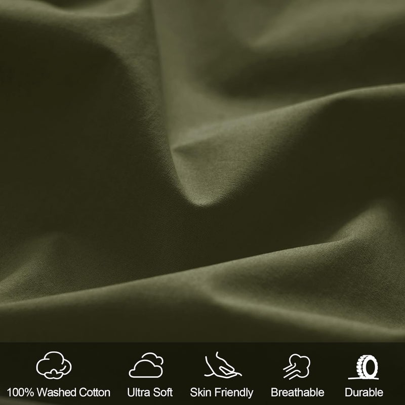 PHF شريحة سرير مريحة من القطن المغسول 100% بحجم كوين (150 سم × 200 سم)، شريحة قاع ناعمة من كوزي كلاود، جيب عميق 40 سم، سهلة التركيب وقابلة للتنفس، زيتون أخضر - Image 2