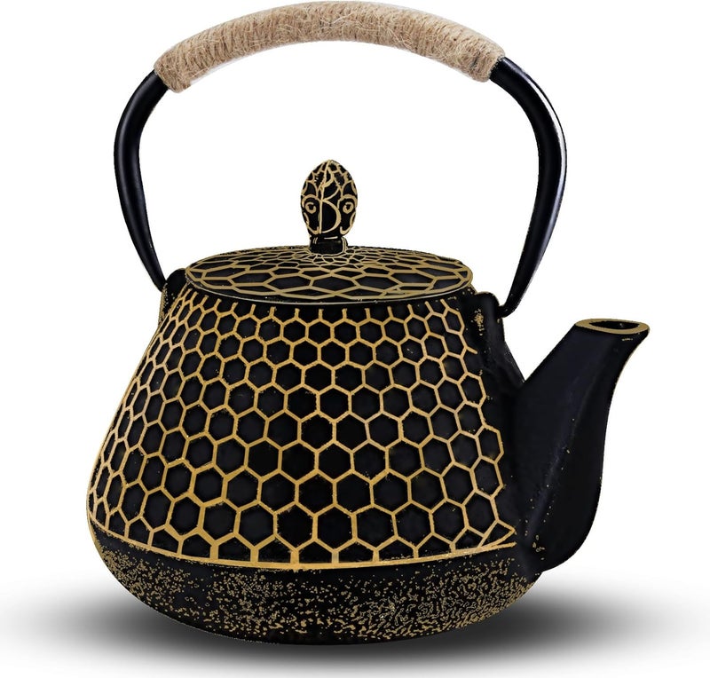 Dachenus Cast Iron Tea Pot - Honeycomb Pattern Tea Kettle with Tea Leaf Infuser,Stovetop Tea Kettle Coated with Enameled Interior,Suitable for Brewing Loose Leaf Tea (Gold) - Image 1