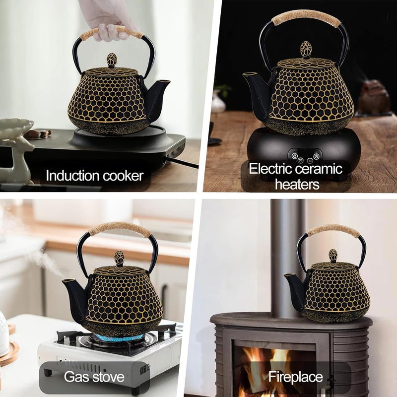 Dachenus Cast Iron Tea Pot - Honeycomb Pattern Tea Kettle with Tea Leaf Infuser,Stovetop Tea Kettle Coated with Enameled Interior,Suitable for Brewing Loose Leaf Tea (Gold) - Image 5