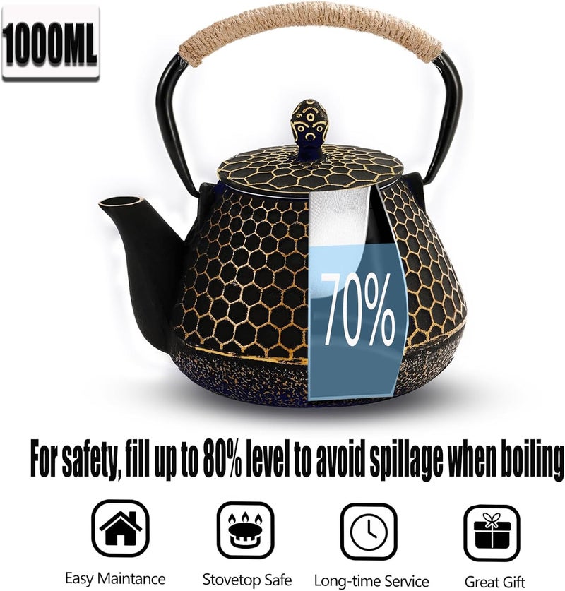 Dachenus Cast Iron Tea Pot - Honeycomb Pattern Tea Kettle with Tea Leaf Infuser,Stovetop Tea Kettle Coated with Enameled Interior,Suitable for Brewing Loose Leaf Tea (Gold) - Image 3