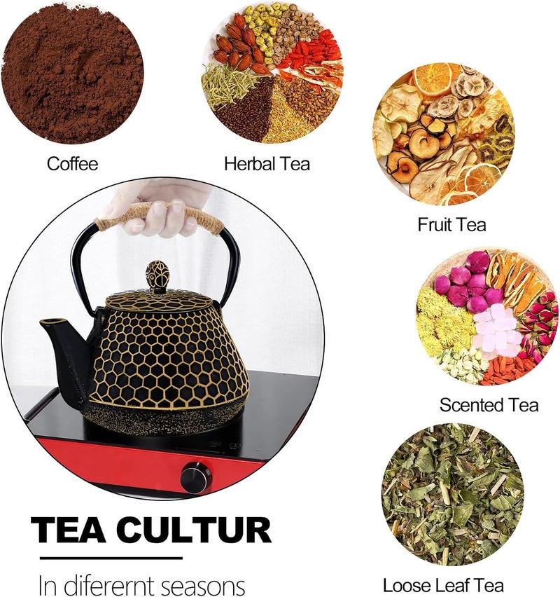 Dachenus Cast Iron Tea Pot - Honeycomb Pattern Tea Kettle with Tea Leaf Infuser,Stovetop Tea Kettle Coated with Enameled Interior,Suitable for Brewing Loose Leaf Tea (Gold) - Image 2