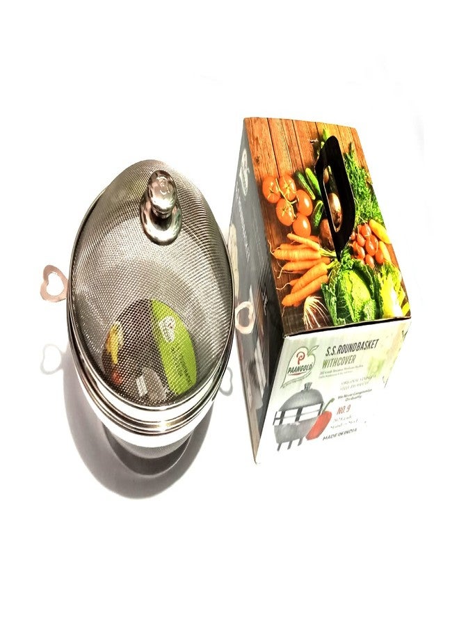 Pure Stainless Steel Round Basket with Cover Size 9 Inch (202 Grade Stainless Steel) - Image 1