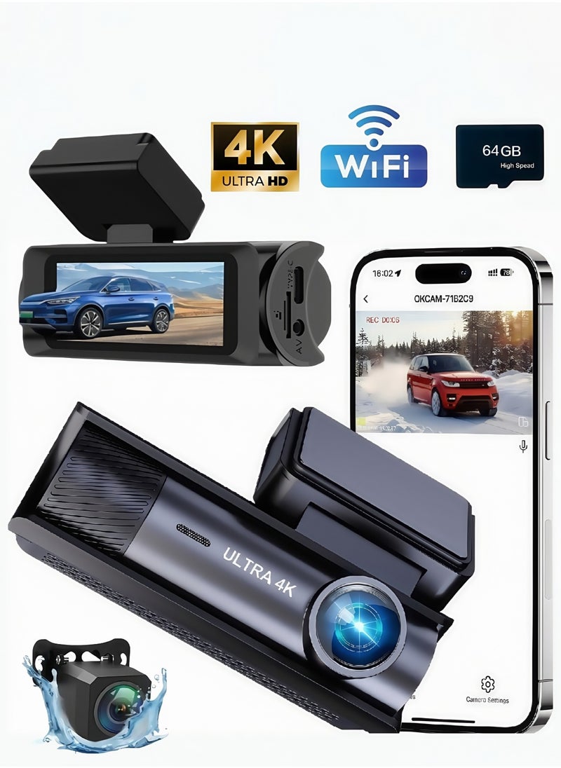 Dash Camera for Cars,4K Full UHD Car Camera Front Rear with 64GB U3 Card,Built-in Super Night Vision,3.0'' IPS Screen,170°Wide Angle,G-Sensor, 24H Parking Mode, Loop Recording