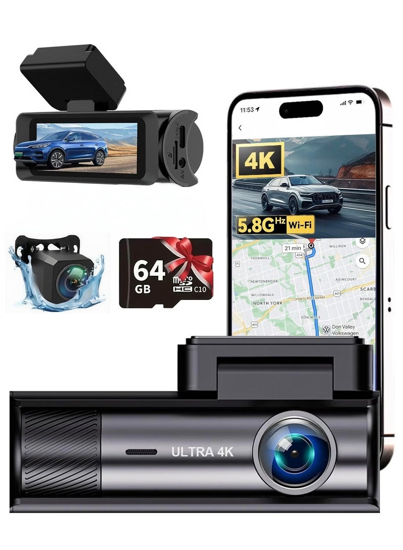 Dash Camera for Cars,4K Full UHD Car Camera Front Rear with 64GB U3 Card,Built-in Super Night Vision,3.0'' IPS Screen,170°Wide Angle,G-Sensor, 24H Parking Mode, Loop Recording - Image 1