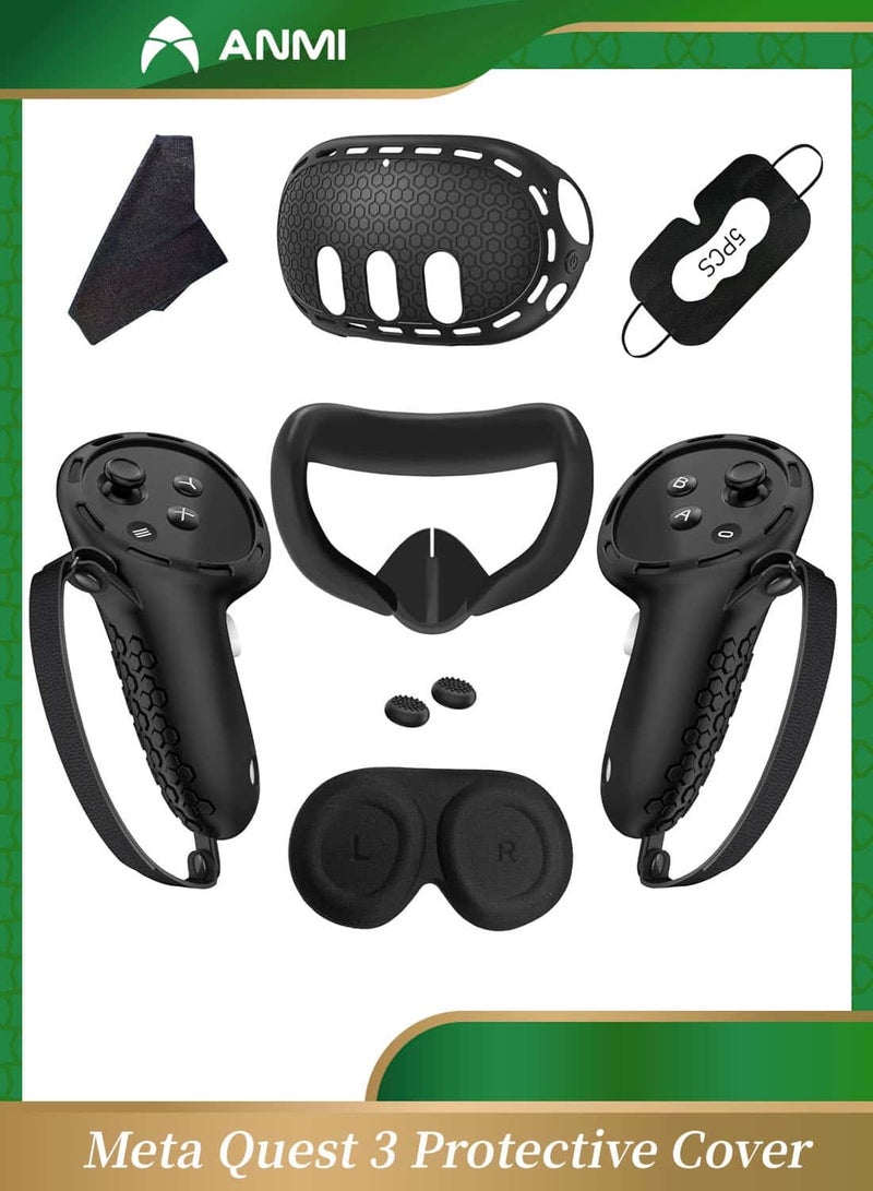 Anmi Protective Cover for Oculus/Meta Quest 3 Accessories, Silicone Controllers Grip Cover Protector, Soft Shell Skin with Face Cover and Lens Cover (Black) - Image 1