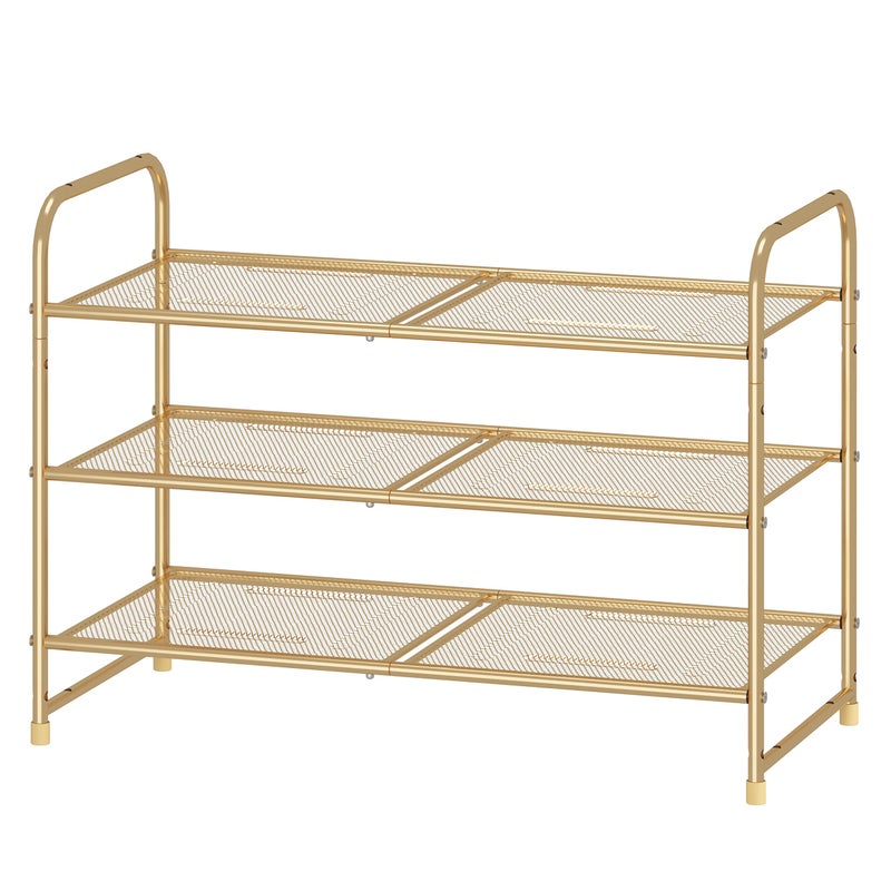 Simple Trending 3-Tier Stackable Shoe Rack, Expandable & Adjustable Shoe Shelf Storage Organizer, Metal Mesh, Gold - Image 1