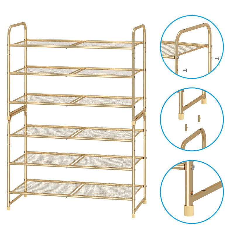 Simple Trending 3-Tier Stackable Shoe Rack, Expandable & Adjustable Shoe Shelf Storage Organizer, Metal Mesh, Gold - Image 4