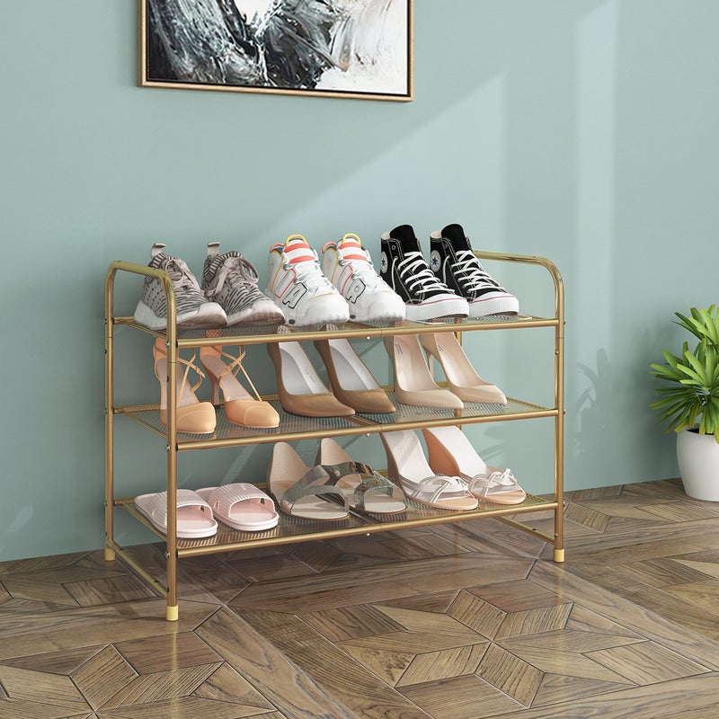Simple Trending 3-Tier Stackable Shoe Rack, Expandable & Adjustable Shoe Shelf Storage Organizer, Metal Mesh, Gold - Image 2