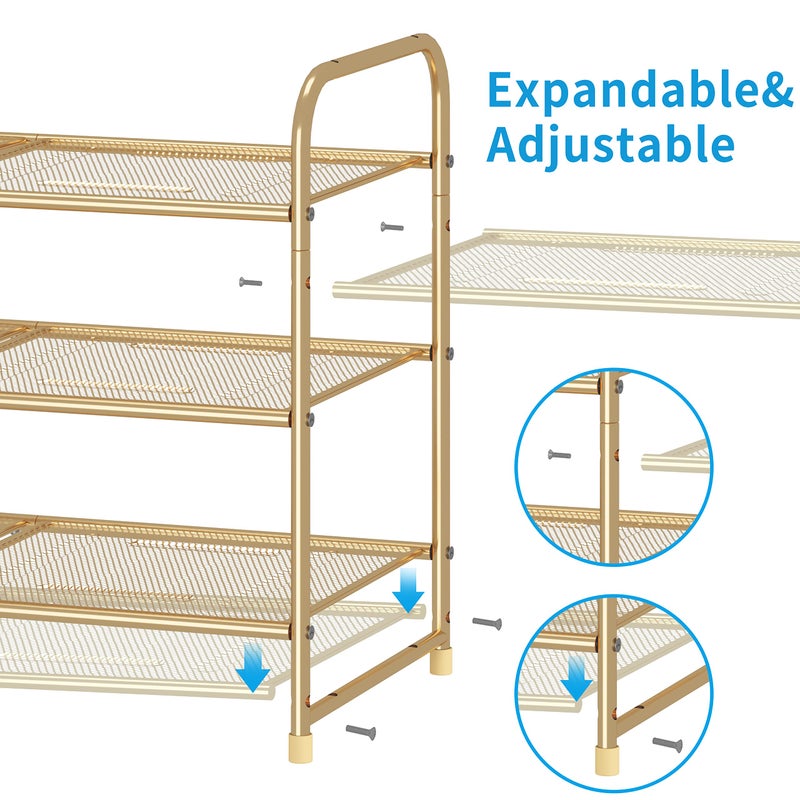 Simple Trending 3-Tier Stackable Shoe Rack, Expandable & Adjustable Shoe Shelf Storage Organizer, Metal Mesh, Gold - Image 3