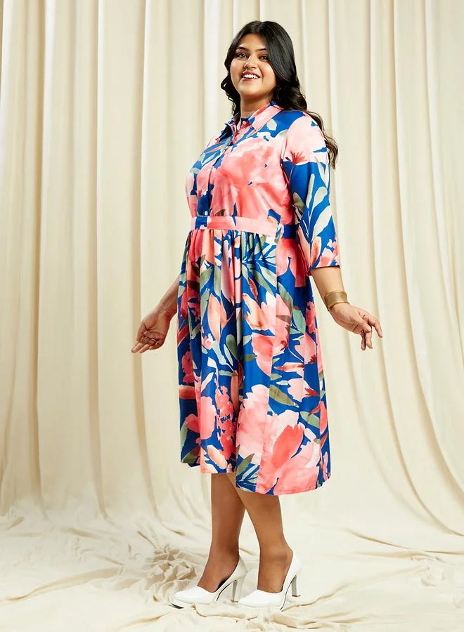 globus Globus Plus Size Blue Floral Print Belted  Midi Dress