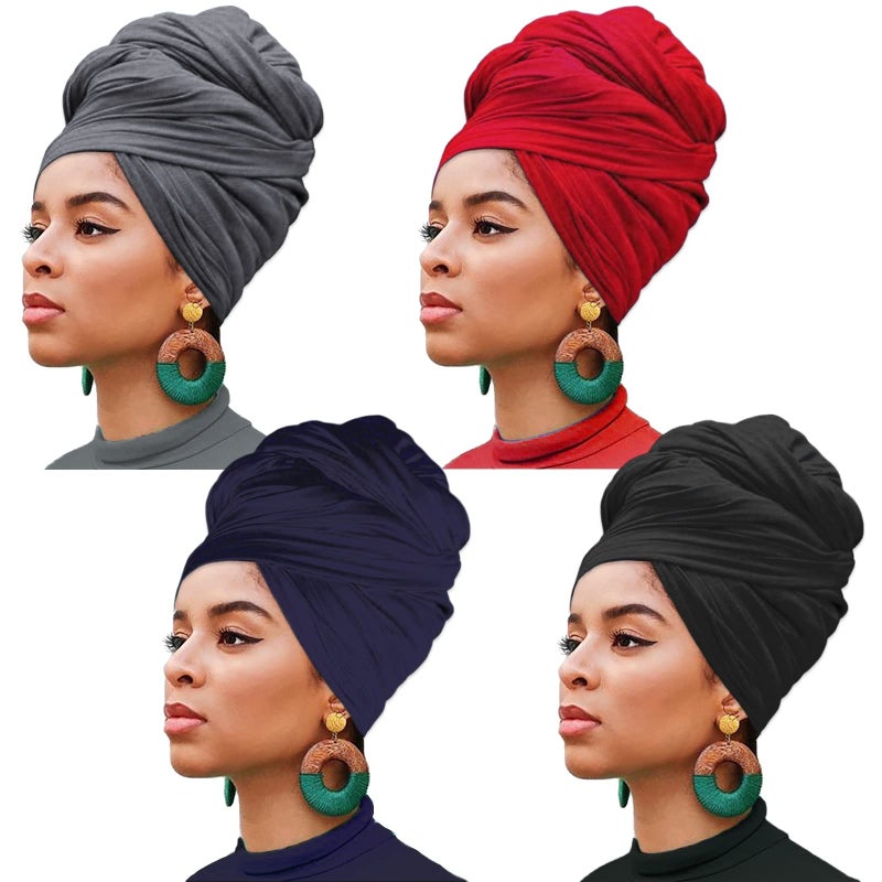 XTREND 4 Pieces Stretch Jersey Turbans Head Wrap Solid Multiple Color Combinations African Long Shawl Breathable Scarf Soft Fashion Headband for Women Black Dark Blue Dark Grey Wine Red