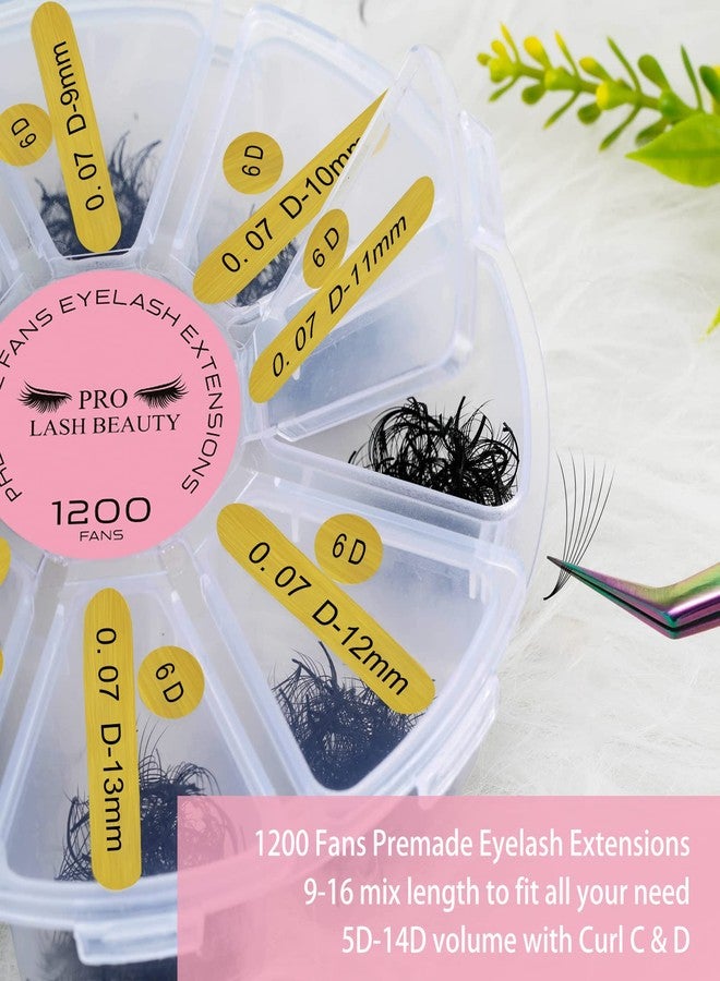PRO LASHBEAUTY 1200 Fans Premade Fans Eyelash Extensions Premade Volume Lash Extension Mixed Tray From 5D to 14D Handmade Lashes Bulk Promade Fans Soft Pointed Fans 6D-D-0.07-9-16mix - Image 2
