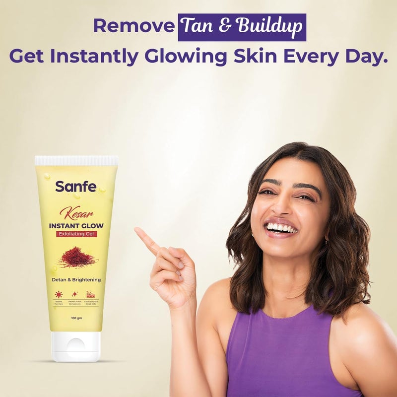 Sanfe Kesar Instant Glow Exfoliating Gel | Visibly removes tan & brighten skin | AHA Exfoliation in Minutes | Smooth & Bright Skin | 100g - Image 5