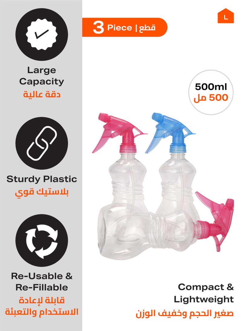 LAWAZIM Transparent Spray Kit - 500ml - Mix Color - 3 Piece | Plastic Spray Bottles, All-Purpose Red Spray Bottle for Hair, Cleaning Solutions, Plants, with Adjustable Nozzle (Mist & Stream) - Image 2