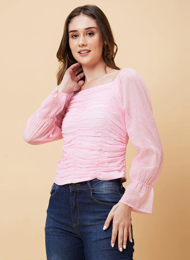 جلو باص بلوزة جلوبس نسائية بطبعات زهور ورقبة مربعة وأكمام الجرس من الجورجيت مع كشكشة