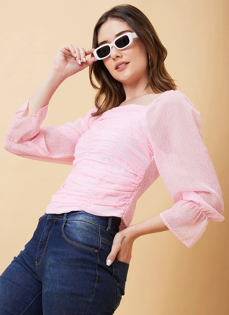globus Globus Women Floral Printed Square Neck Bell Sleeves Georgette Ruched Top
