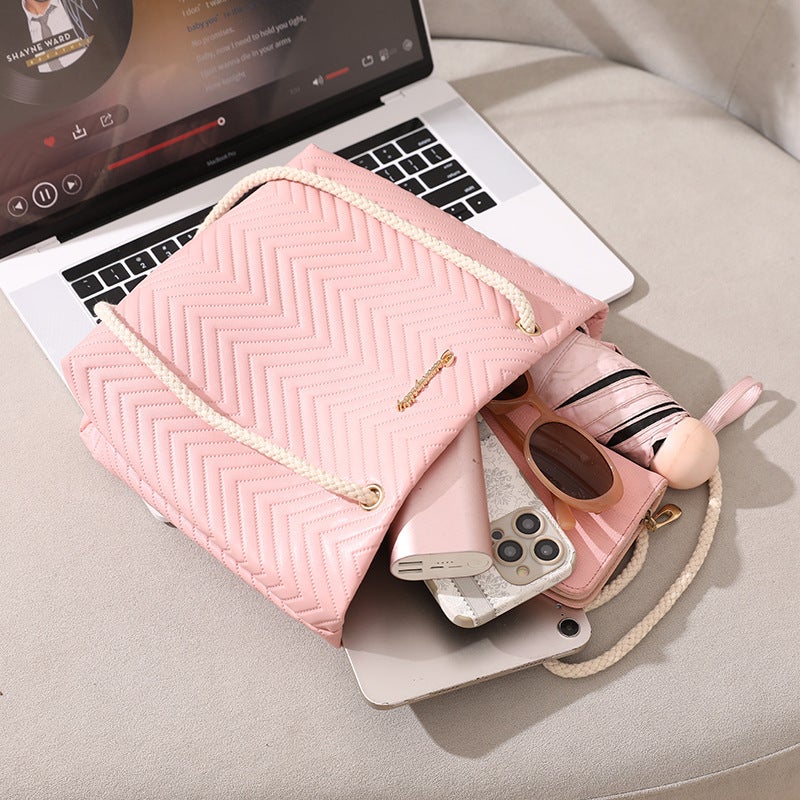 Simple Rope Handbag 2024 Fashion Tote Bag Distinctive Wave Pattern Shopping Bag Large Capacity Texted Bucket Bag - Image 5