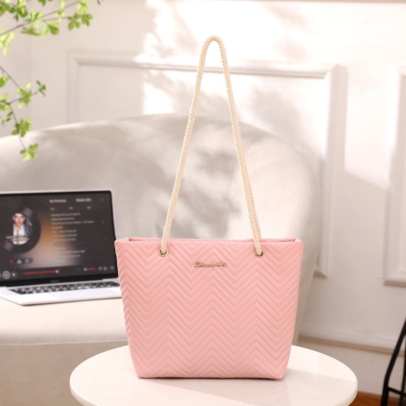 Simple Rope Handbag 2024 Fashion Tote Bag Distinctive Wave Pattern Shopping Bag Large Capacity Texted Bucket Bag - Image 1