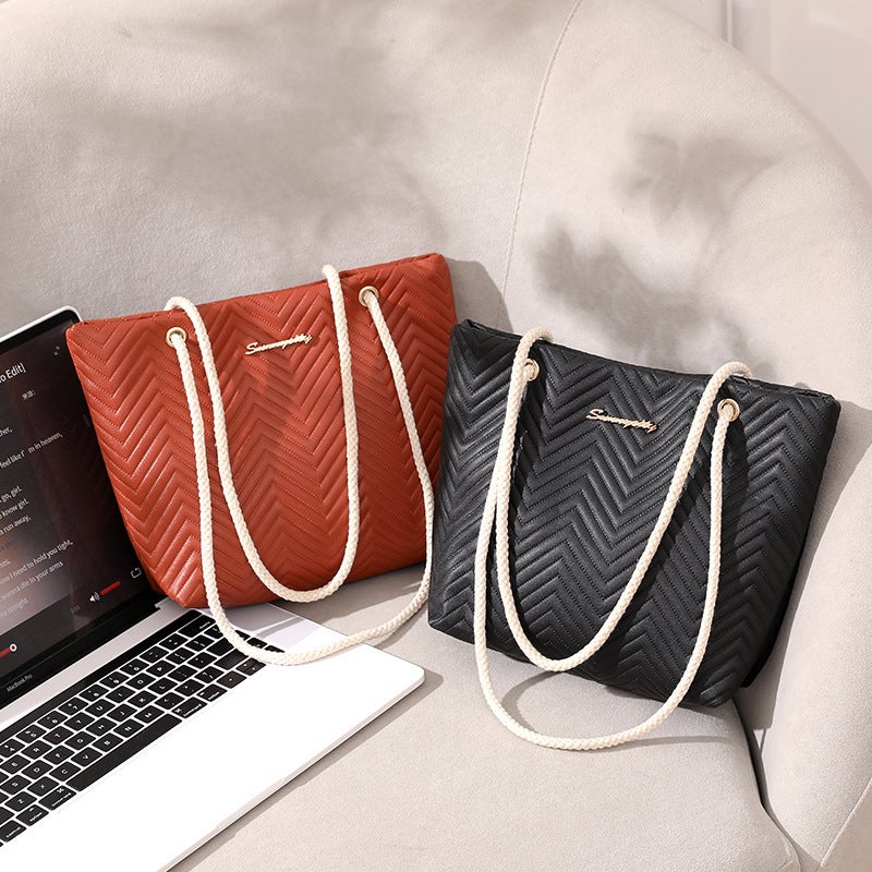 Simple Rope Handbag 2024 Fashion Tote Bag Distinctive Wave Pattern Shopping Bag Large Capacity Texted Bucket Bag - Image 3