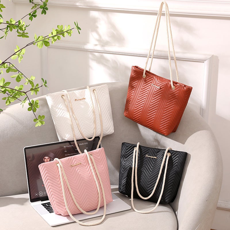 Simple Rope Handbag 2024 Fashion Tote Bag Distinctive Wave Pattern Shopping Bag Large Capacity Texted Bucket Bag - Image 2