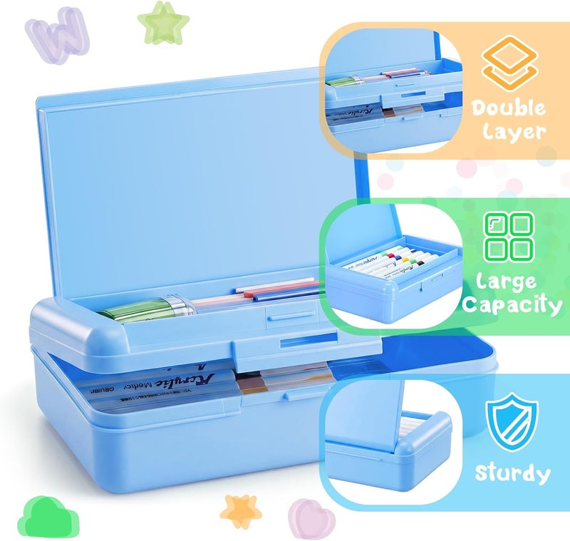 Fainne 4 Pcs Blue Double Layer Pencil Box with 3 Sheet Stickers Large Capacity Plastic Pencil Case Supplies Hard Shell Crayon Box Organizer for Gel Pens Erasers Sew Art Craft Supplies - Image 3