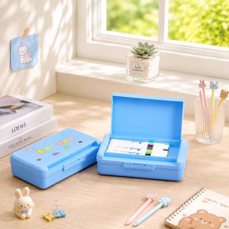 Fainne 4 Pcs Blue Double Layer Pencil Box with 3 Sheet Stickers Large Capacity Plastic Pencil Case Supplies Hard Shell Crayon Box Organizer for Gel Pens Erasers Sew Art Craft Supplies - Image 4