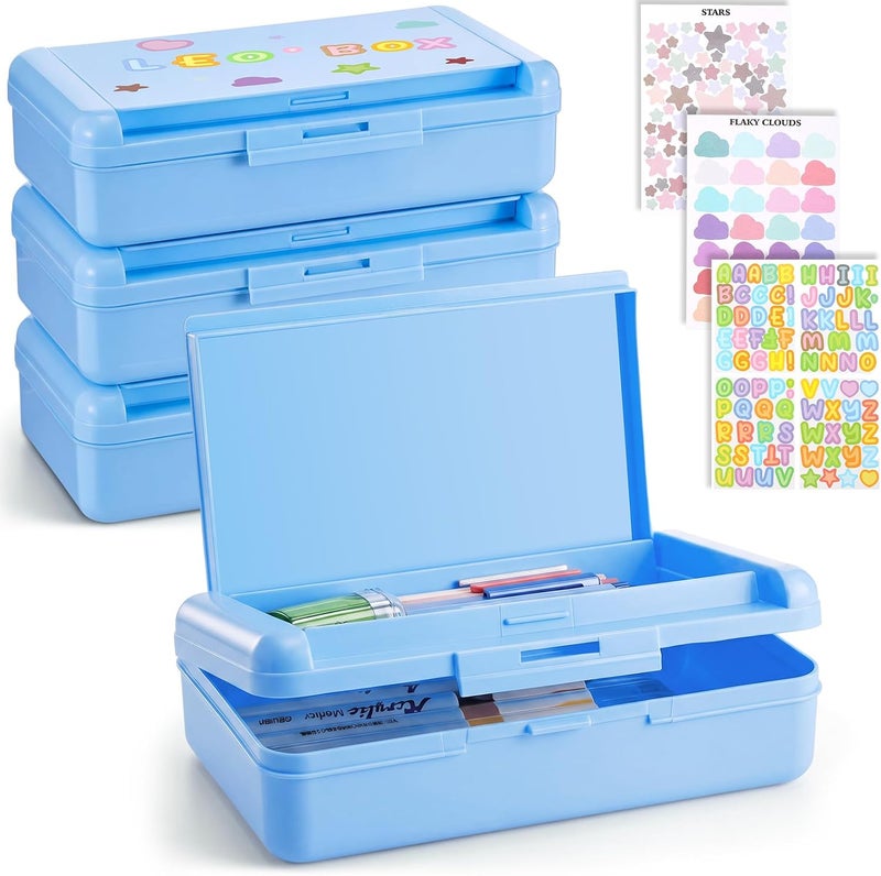 Fainne 4 Pcs Blue Double Layer Pencil Box with 3 Sheet Stickers Large Capacity Plastic Pencil Case Supplies Hard Shell Crayon Box Organizer for Gel Pens Erasers Sew Art Craft Supplies - Image 1