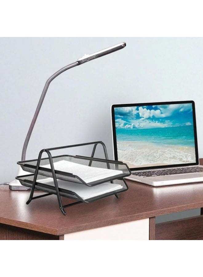 A functional black double-tier metal desk organizer, designed for arranging documents and files on the desk. - Image 2
