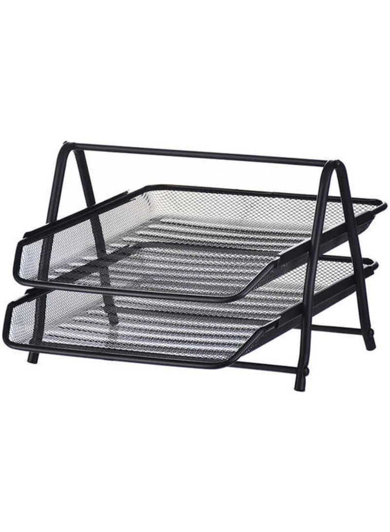 A functional black double-tier metal desk organizer, designed for arranging documents and files on the desk. - Image 1