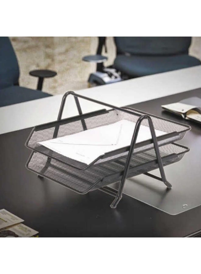 A functional black double-tier metal desk organizer, designed for arranging documents and files on the desk. - Image 3
