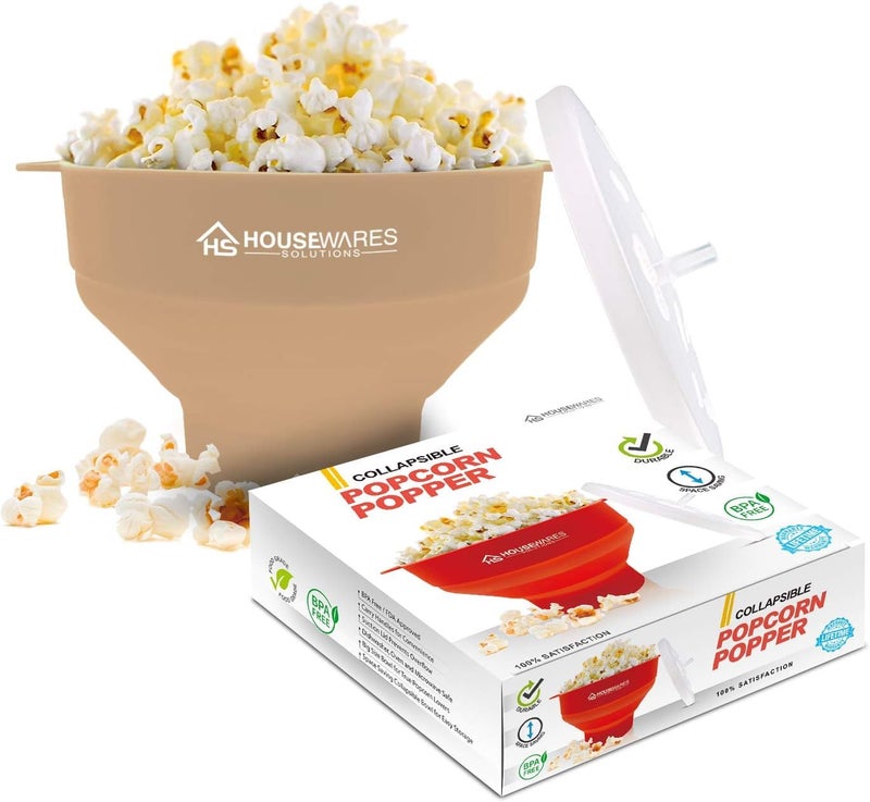 BRENSTEN Collapsible Silicone Microwave Hot Air Popcorn Popper Bowl With Lid and Handles Tan