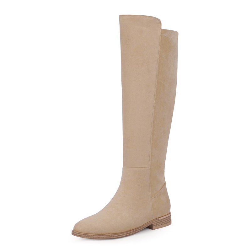 Modatope Knee High Boots for Women Beige Suede Flat Boots Low Block Chunky Heel Boots Fashion Rounded Toe Riding Boot Size 6 - Image 1