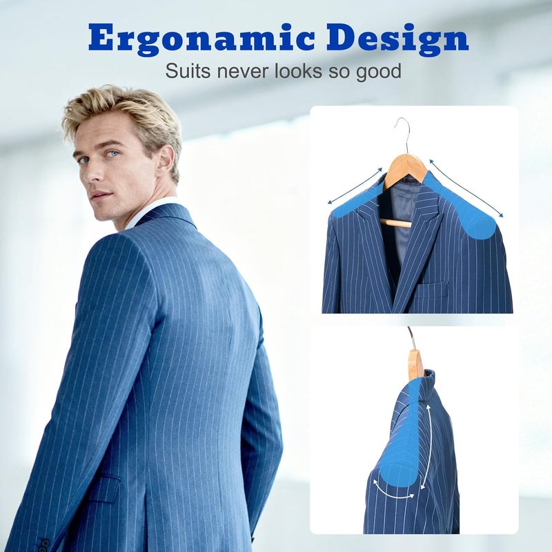 HOUSE DAY Wide Shoulder Wooden Hangers, Suit Hangers with Non Slip Pants Bar, Smooth Finish 360° Swivel Hook High-Grade Solid Wood Coat Hangers for Dress, Jacket, Heavy Clothes Hanger 6 Pack (Natural) - Image 2